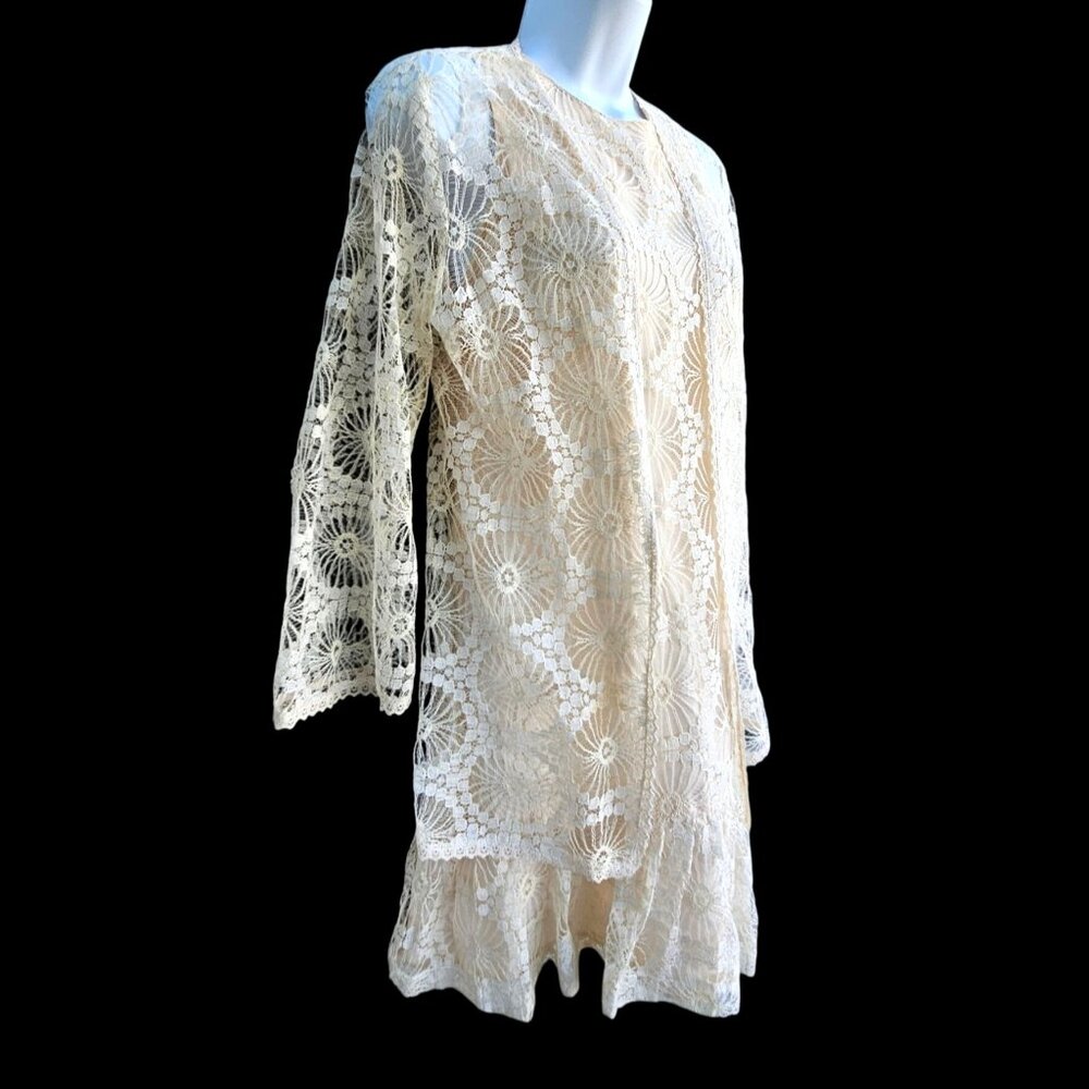 Vintage 1960s Saba California Lace Dress Set Size S Wedding Neutral A-line - Picture 7 of 16